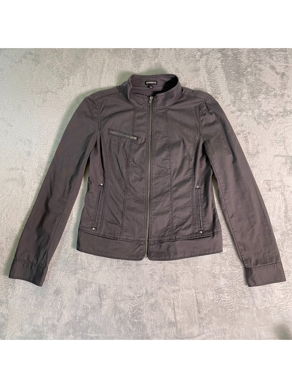 Express Moto Jacket Womens 10 Gray Zip Front Stretch Biker Cotton Utility Casual
